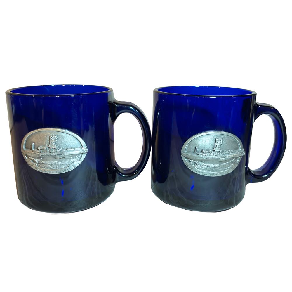 USS Ronald Reagan Cobalt Blue Glass Mug Set Pewter Emblem Navy Aircraft Carrier